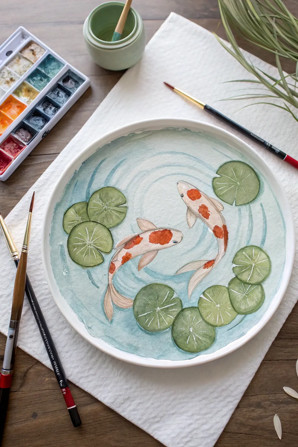 Top view koi pond circle painting with ripples and lily pads in calming blues and sage greens