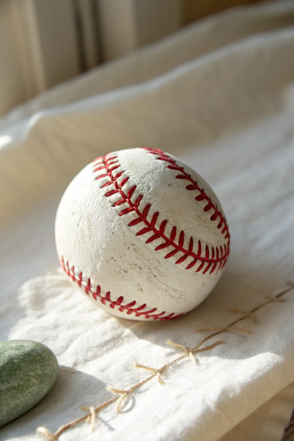 Baseball stitched circle rock with clean red curves, soft shading, and minimalist boho warmth