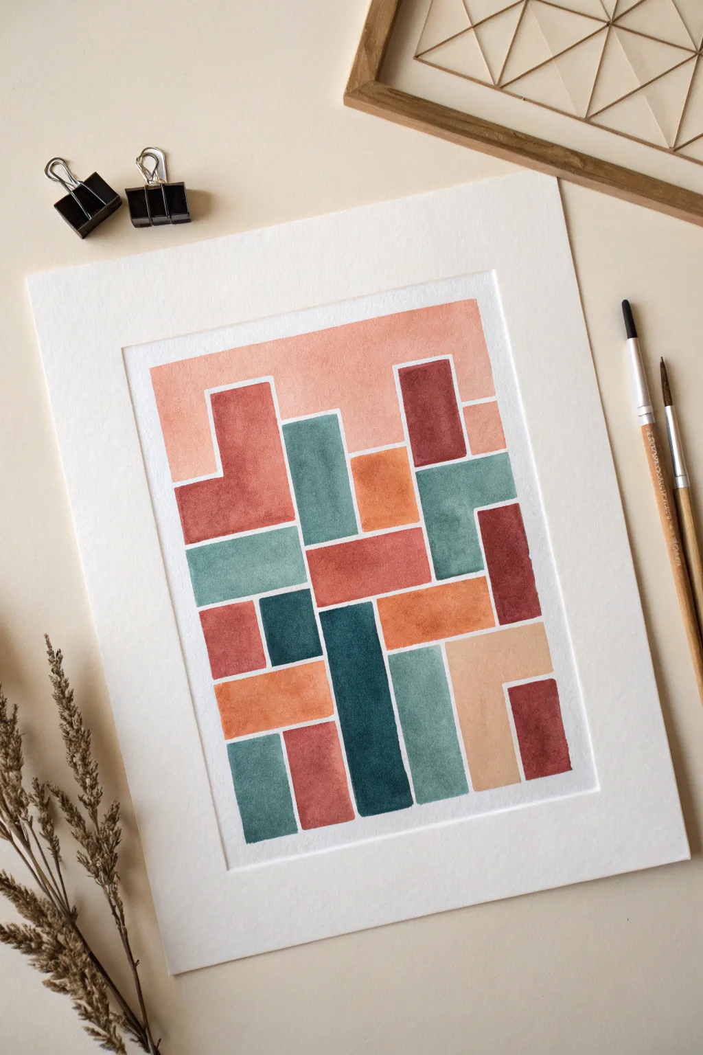 Bold geometric block-city painting with clean edges, minimal boho palette, and crisp contrast