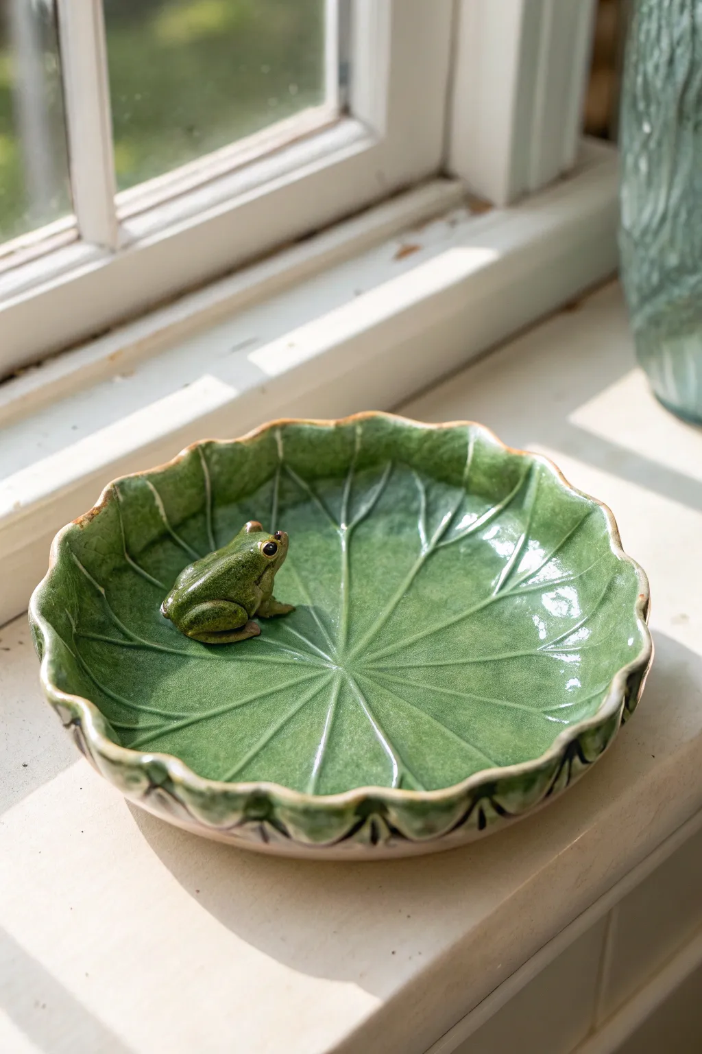 Lily pad clay ashtray with a tiny frog and glossy water glaze in calm minimalist styling