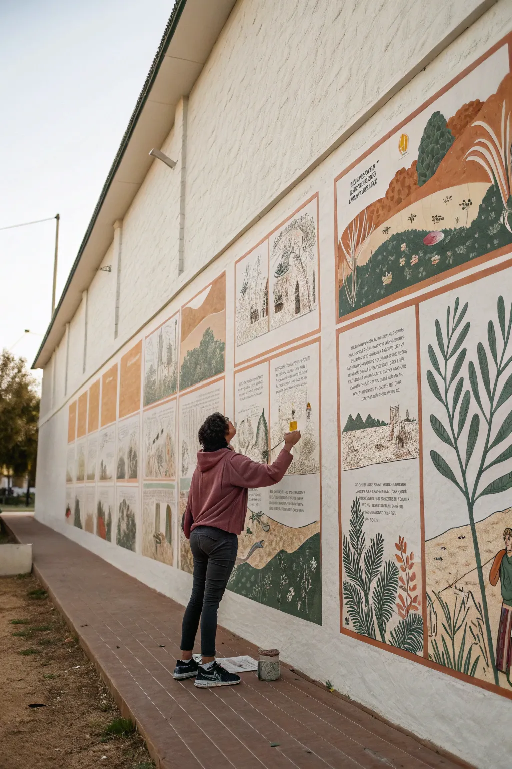 Storybook timeline mural panels, mixed styles in a calm Scandinavian boho palette—perfect to co-create.