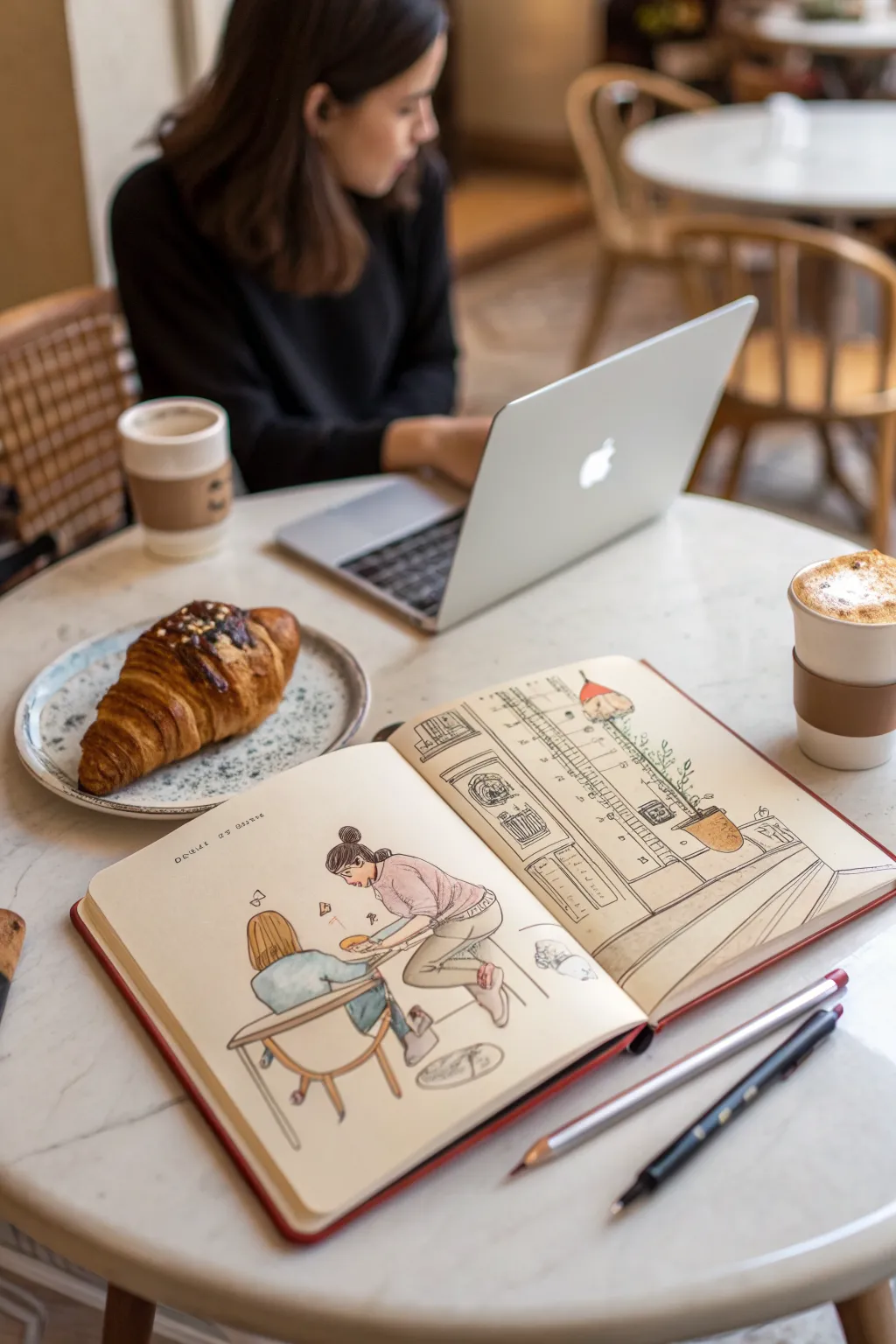 Sketch a cozy campus cafe moment with simple lines, warm washes, and calm minimalist vibes.