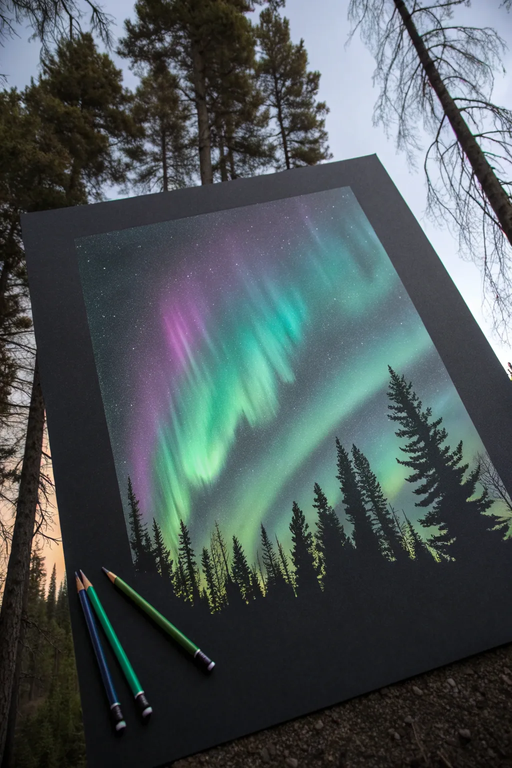 Glowing aurora in colored pencil on black paper, floating above a crisp silhouette of dark pines.