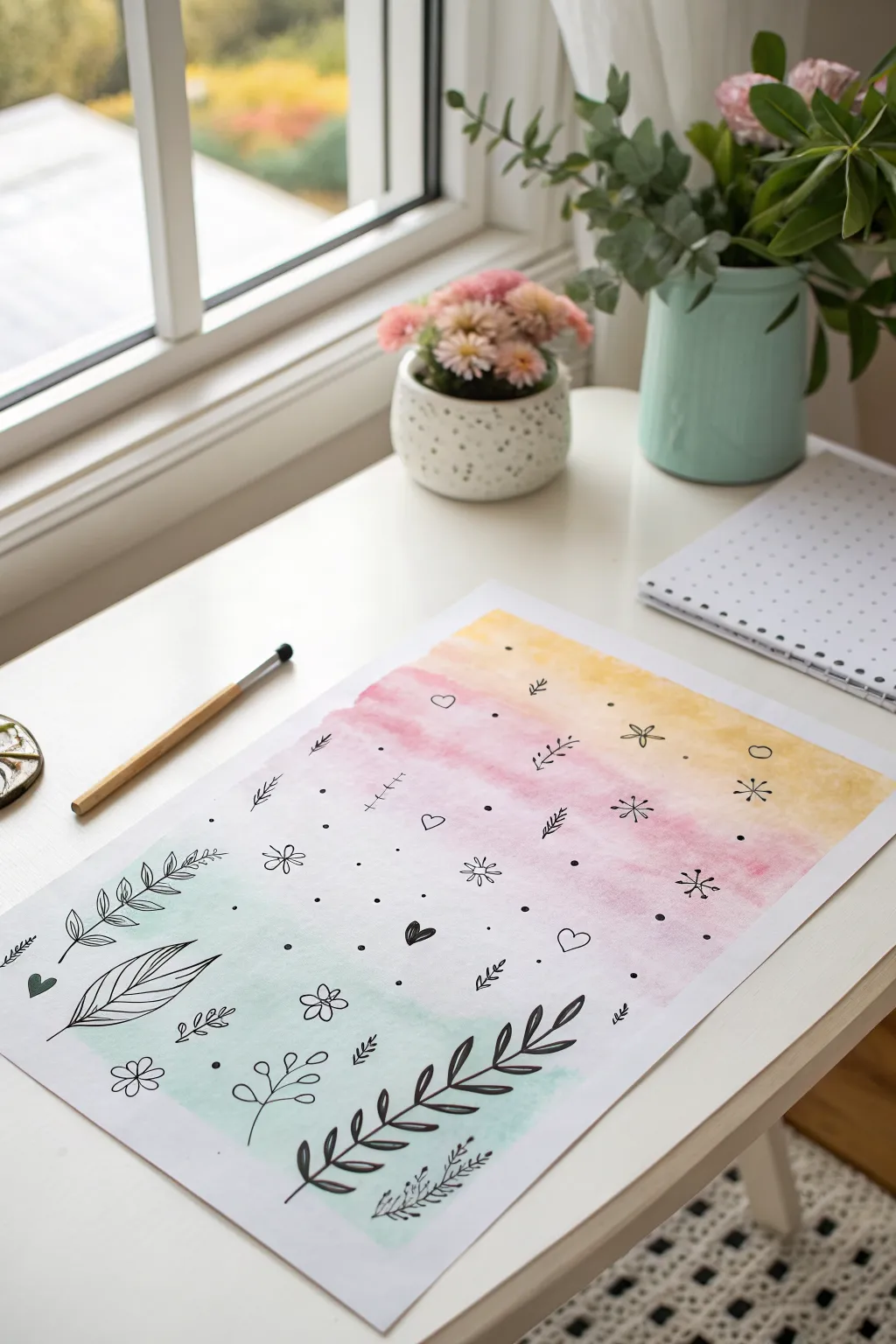 Easy watercolor wash with simple ink doodles for a bright minimalist sketchbook page.