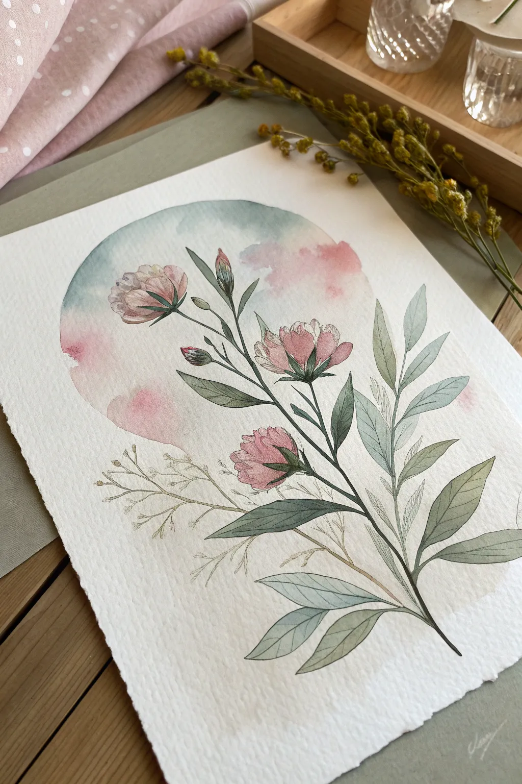 Soft watercolor halo background makes the floral motif pop with calm, cozy mood.
