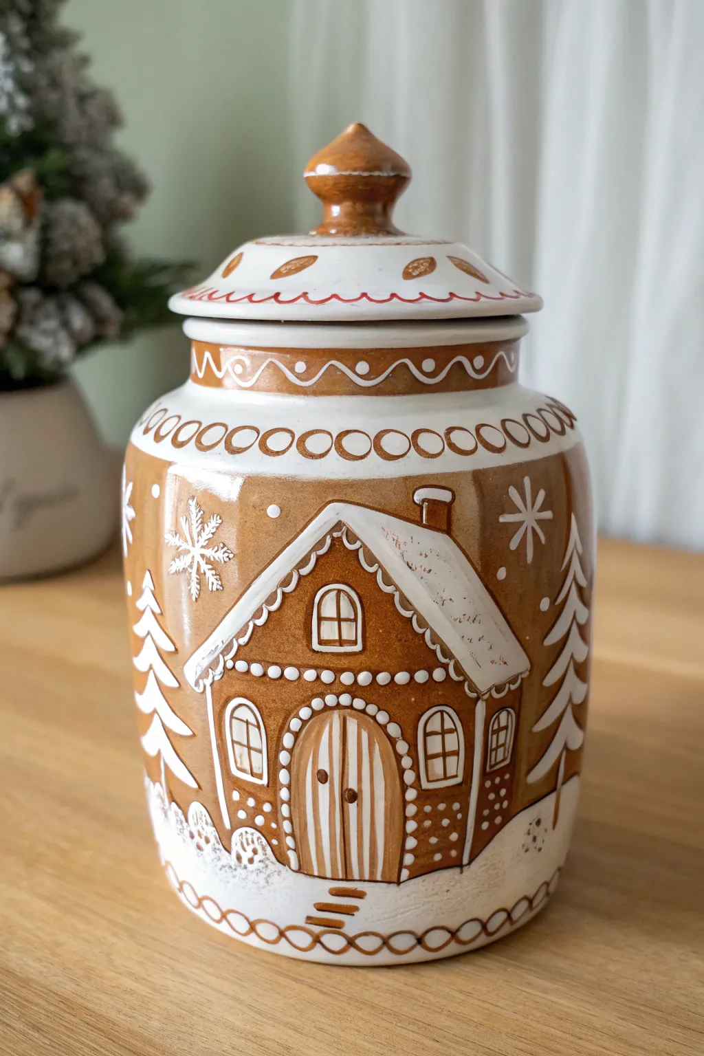 Gingerbread scene cookie jar painting idea with cozy Scandinavian boho holiday warmth