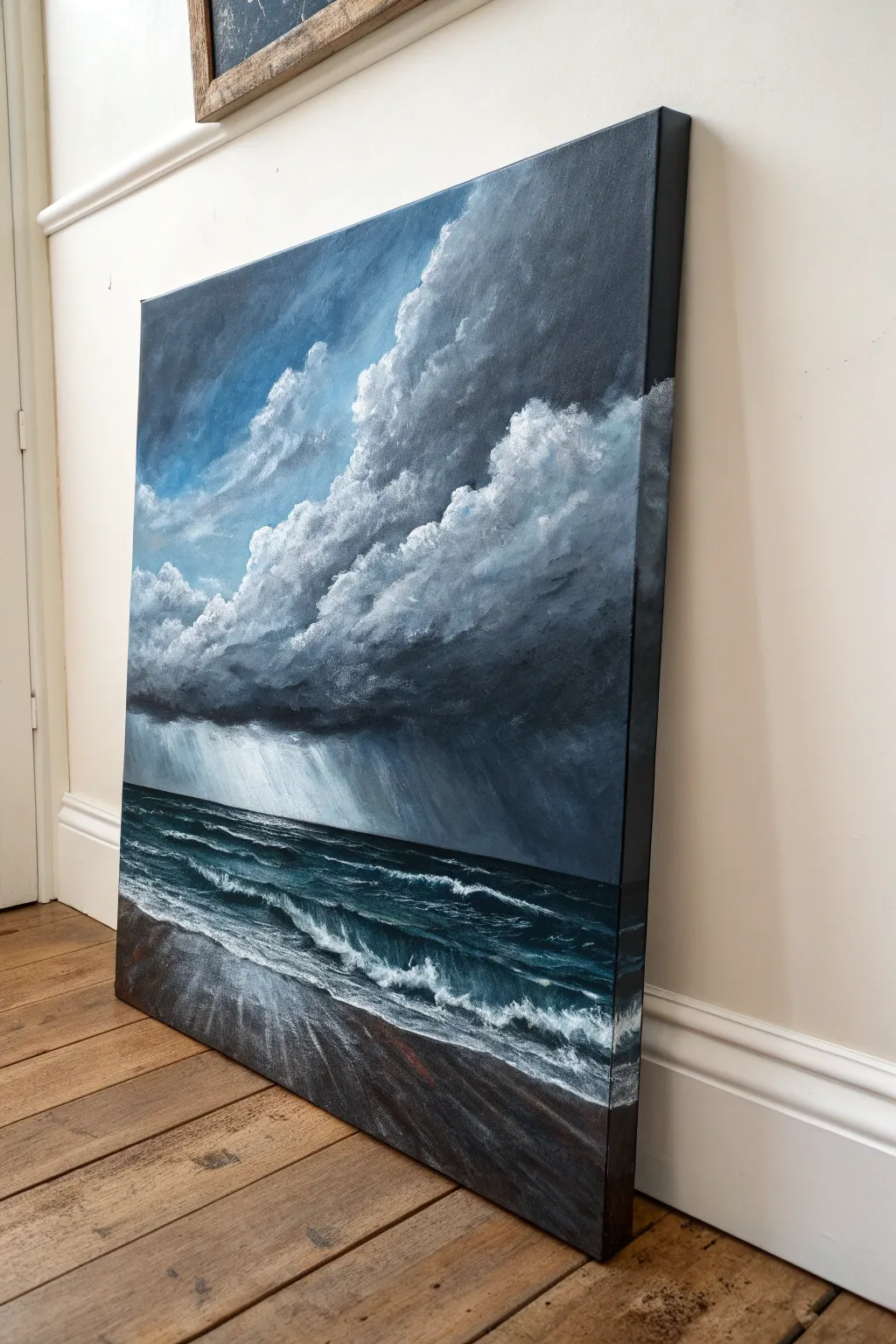 Dramatic storm front over a near-black ocean, bold brushwork in a clean minimalist setting.