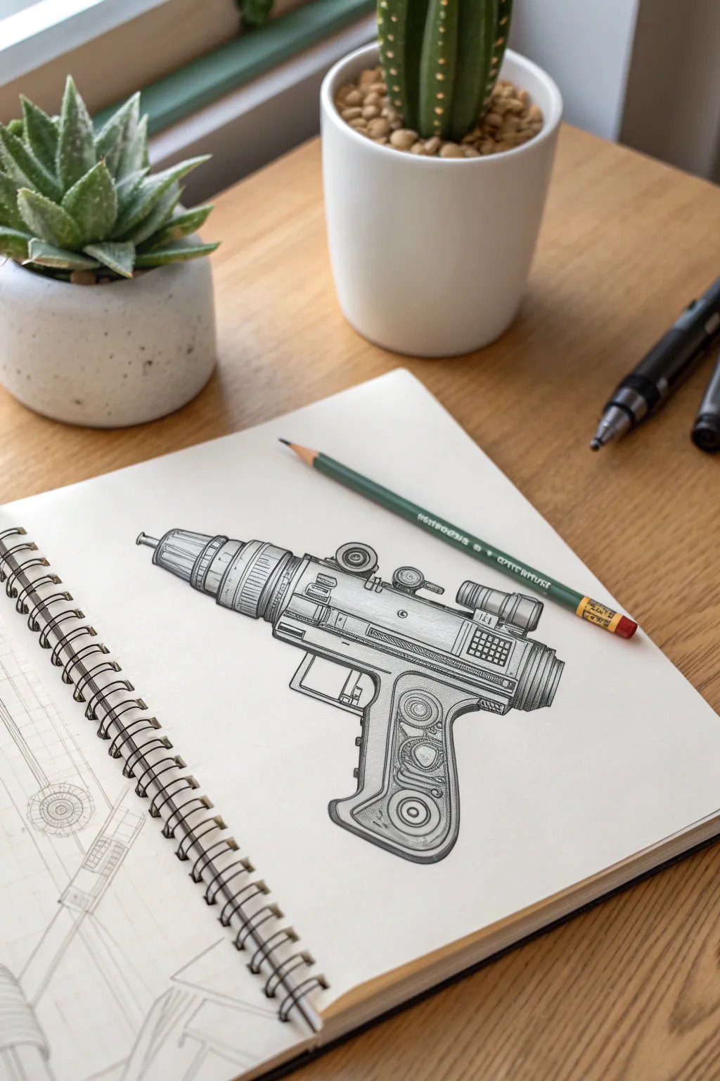 Spark creativity with this detailed sci-fi laser blaster sketch, perfect for aspiring artists.