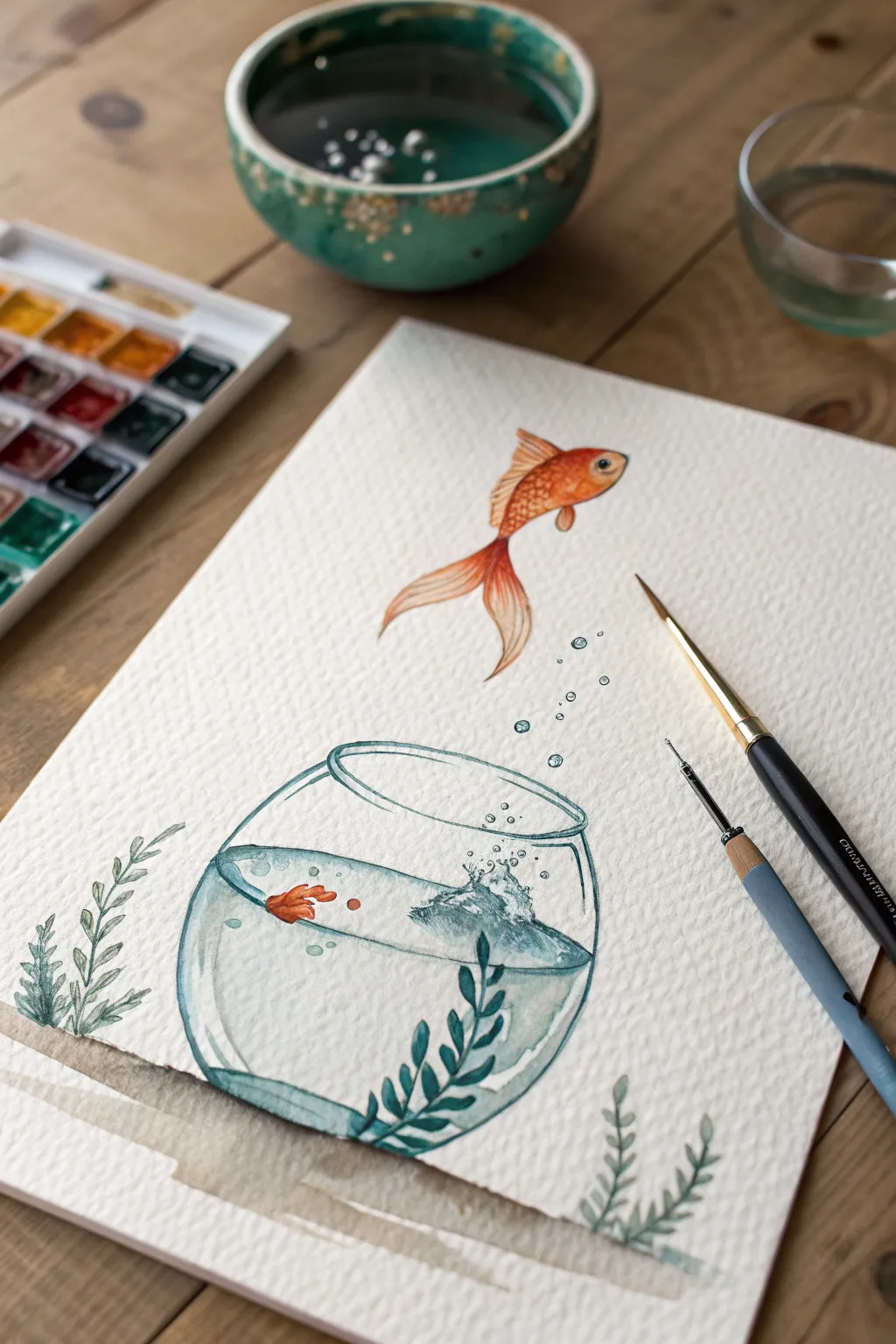 Minimal fishbowl leap: a jumping fish with a comet-like water ribbon, perfect for motion studies.