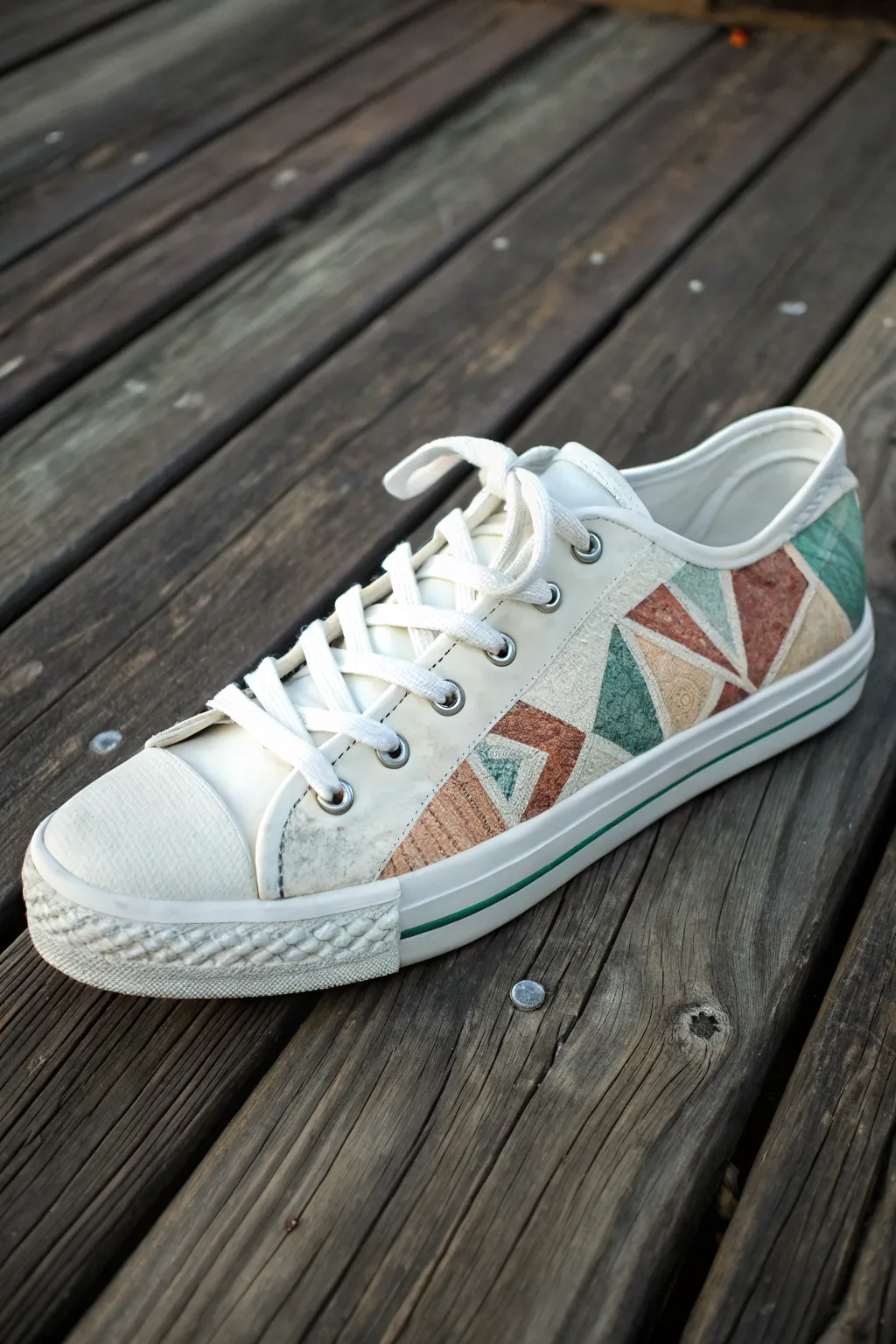 Retro stencil layers on a hand-painted sneaker, softly aged textures on weathered wood.