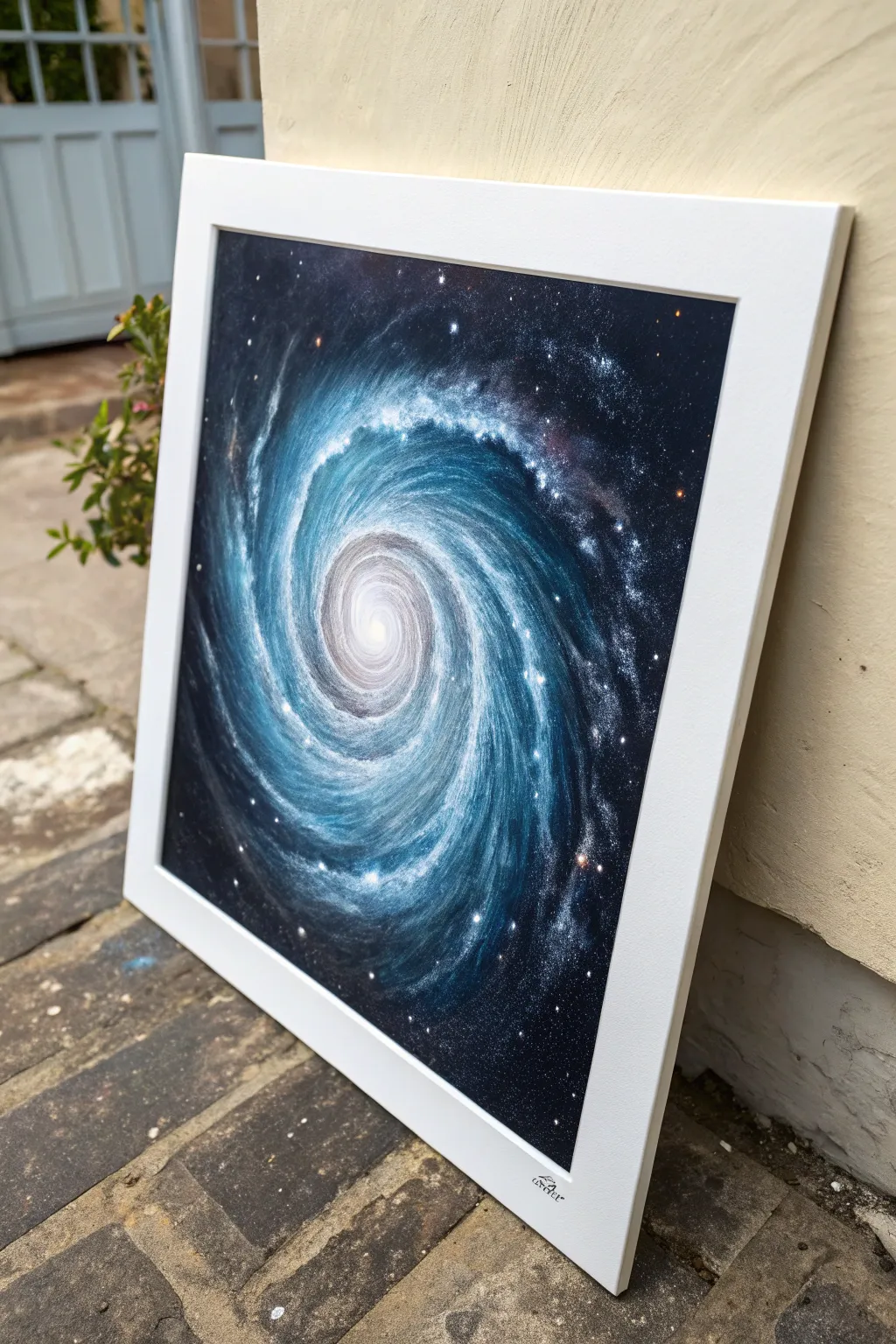 Create a mesmerizing space vortex swirl with spray paint, high contrast and tiny curved stars