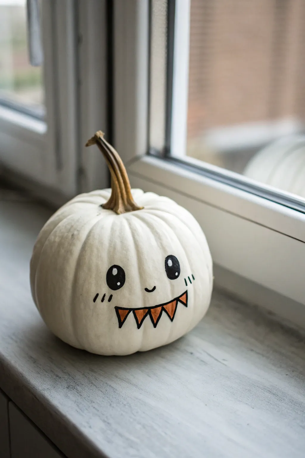 Sweet mini monster face on a white pumpkin, with a soft Scandinavian-boho Halloween vibe
