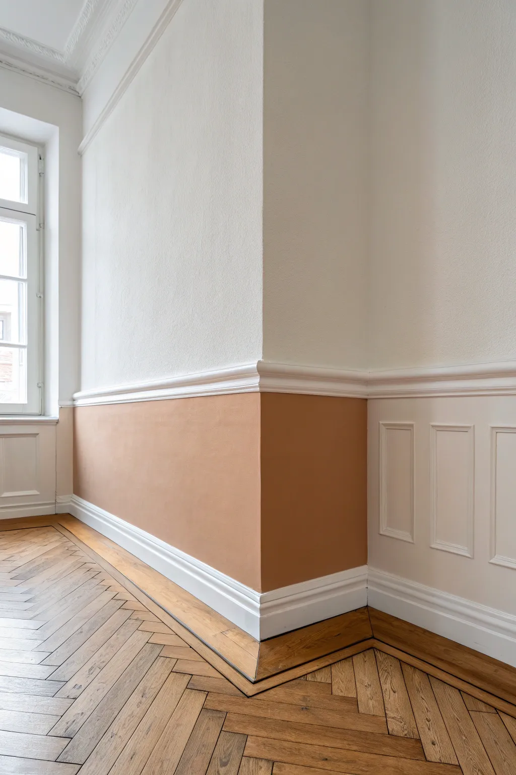 Crisp diagonal two-tone paint flows across the corner, making the seam a chic minimalist feature.