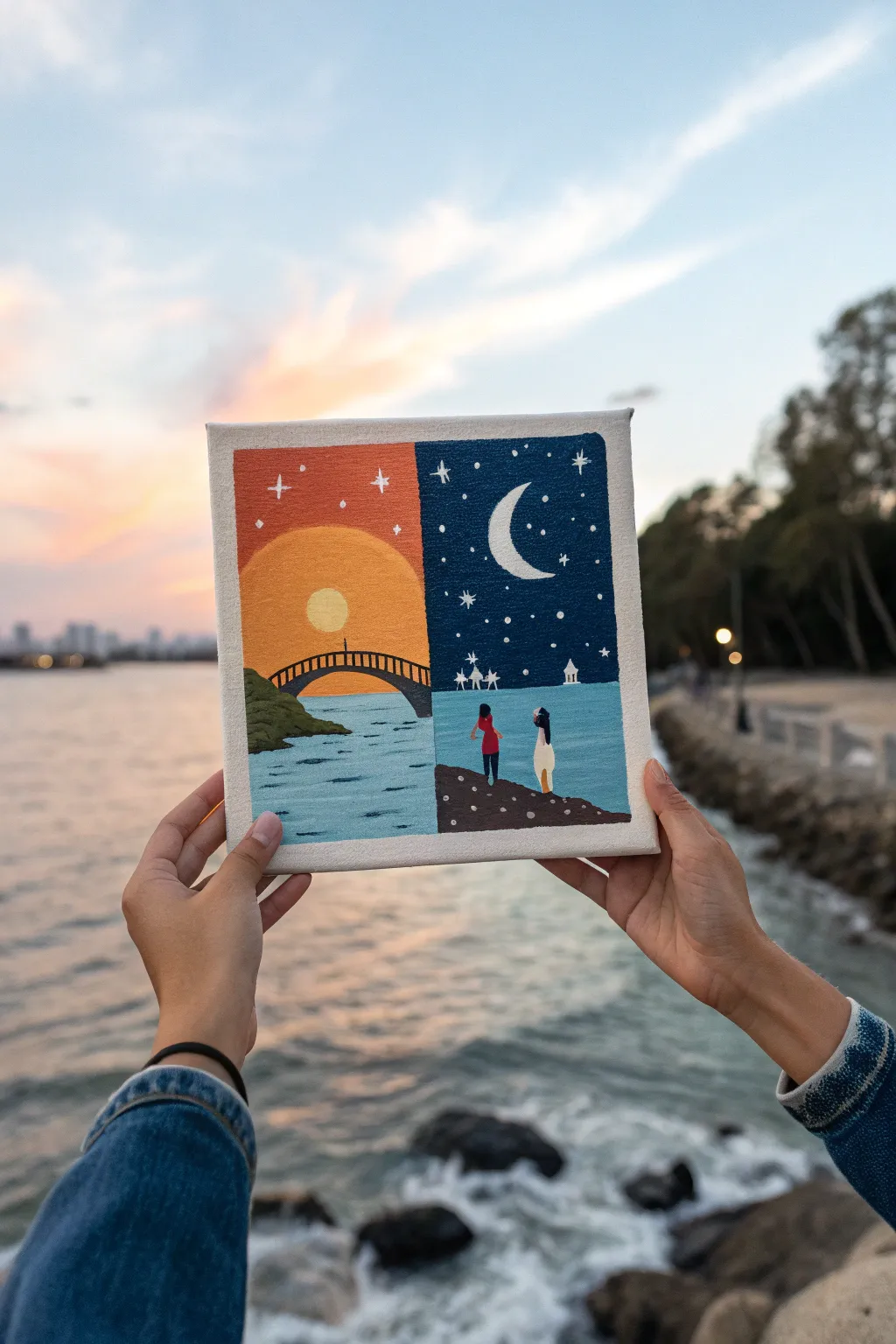 Sun-and-moon split background with a sweet cartoon couple linking hands across day and night.