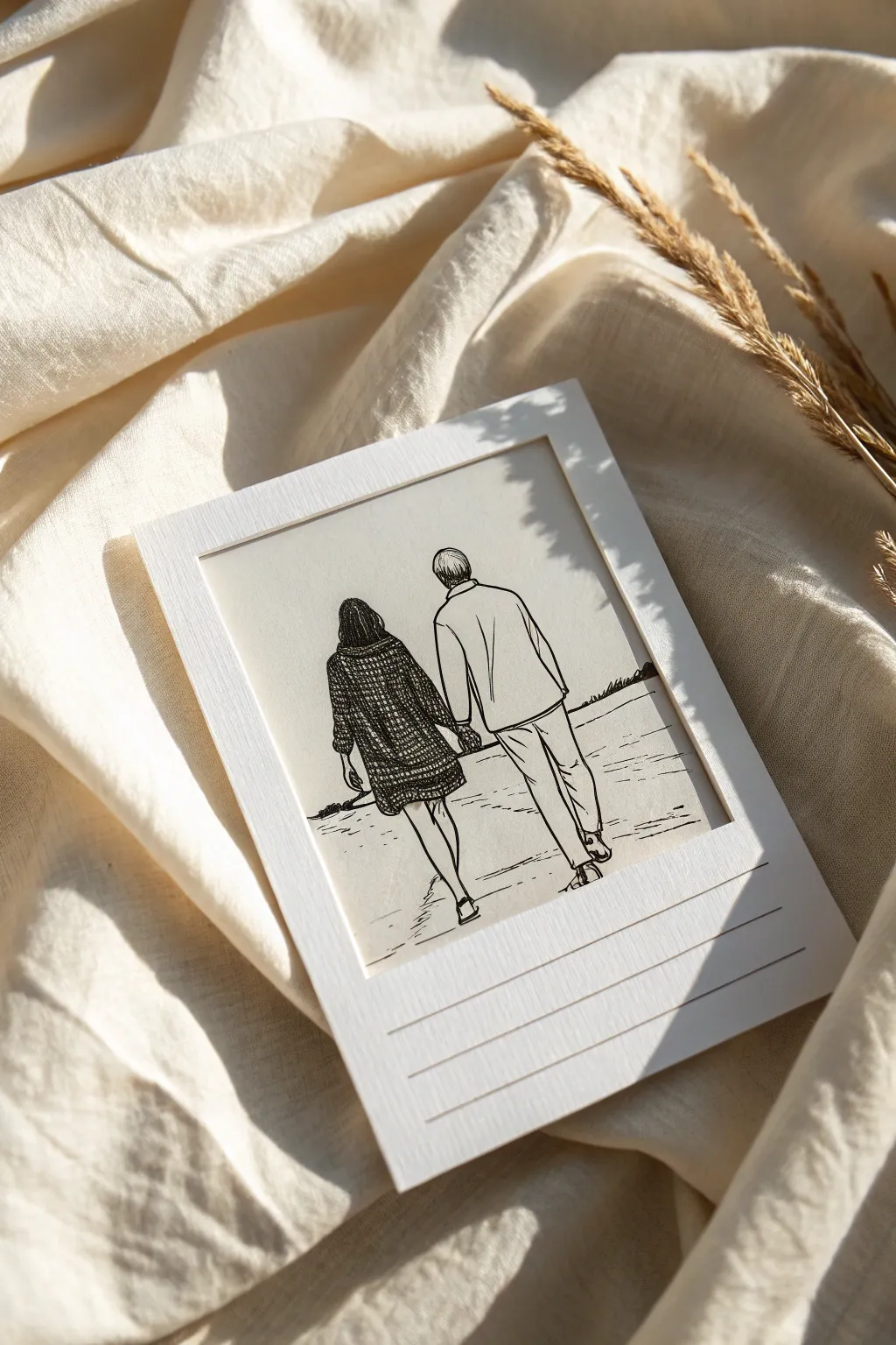 Polaroid-style couple sketch: hands intertwined in a simple frame, with a blank space for your date.