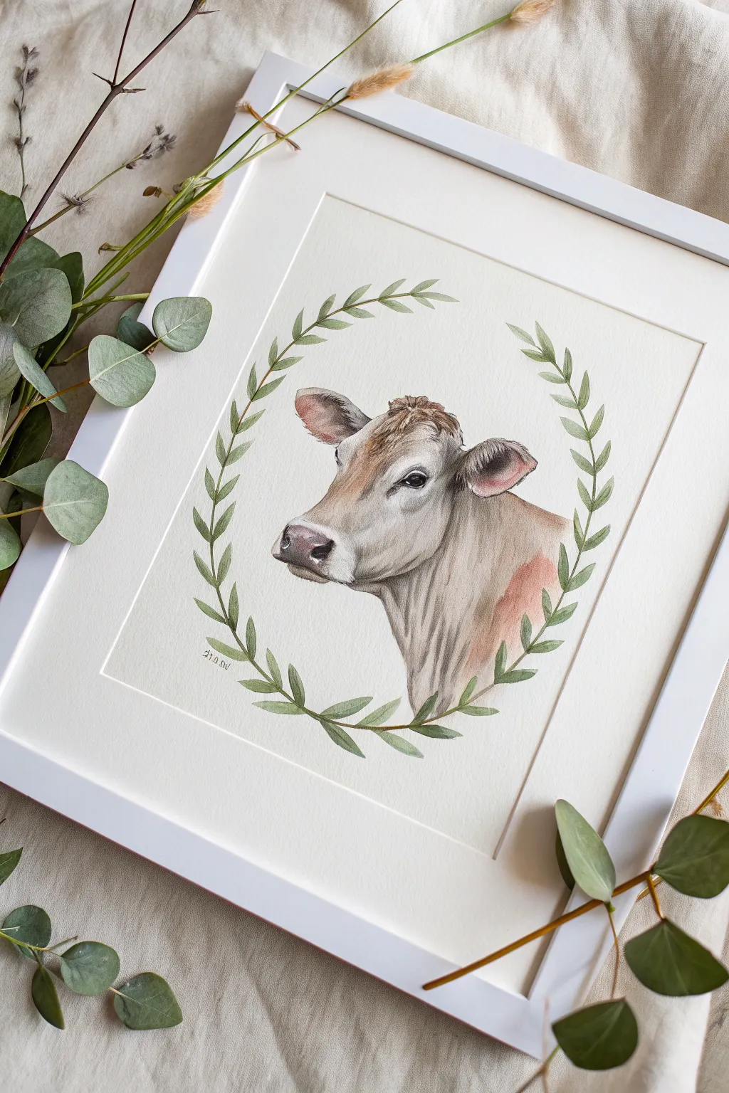 Minimalist cow portrait in a painted circle with a leafy wreath, Scandinavian boho wall art