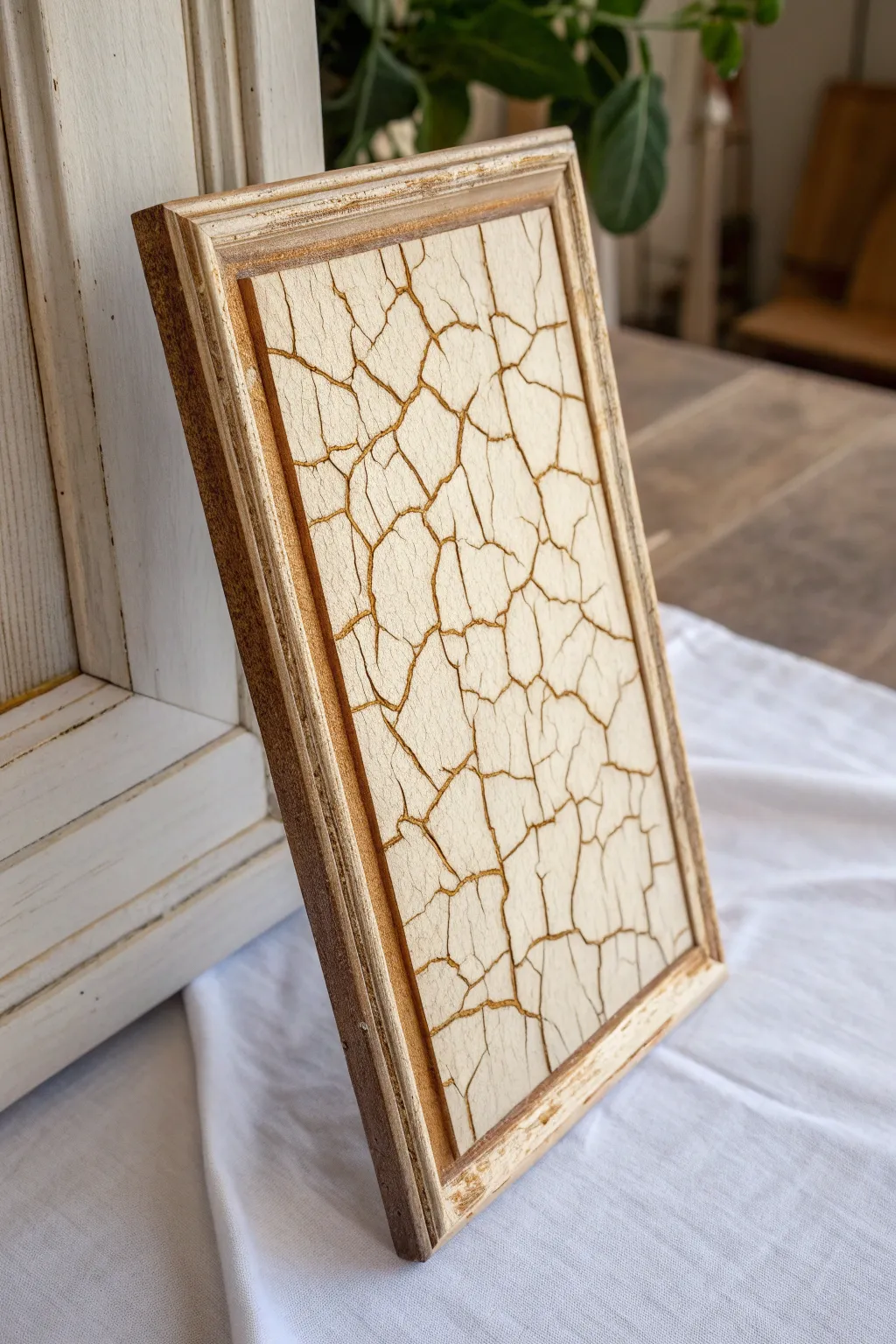 Antiquing glaze sinks into crackle lines, adding warm depth and a beautifully aged finish.