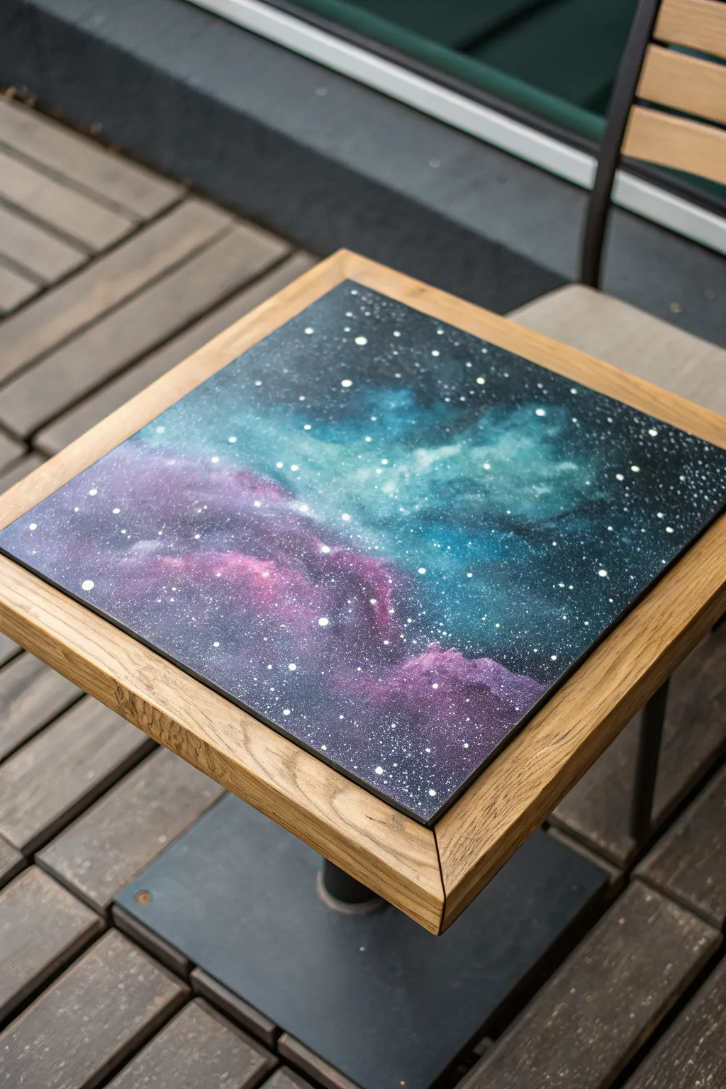 Galaxy night-sky tabletop: dreamy nebula blends, star speckles, and a glossy protective finish.