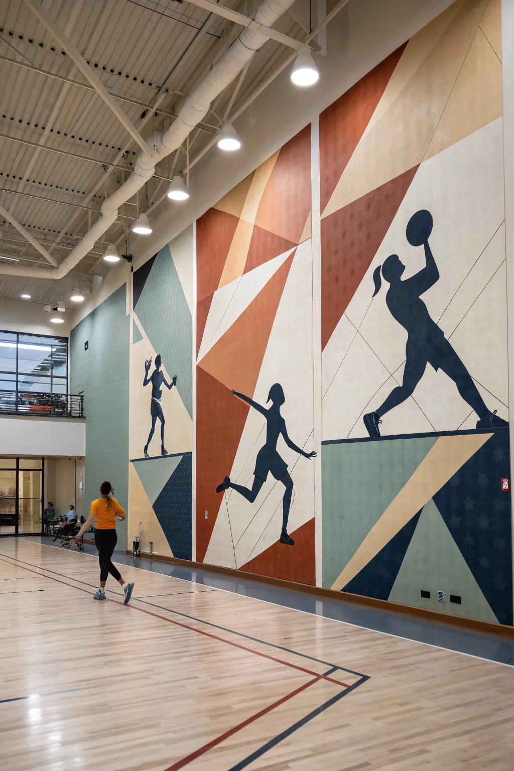 Minimalist gym mural with bold motion silhouettes and diagonal color blocks for teamwork energy