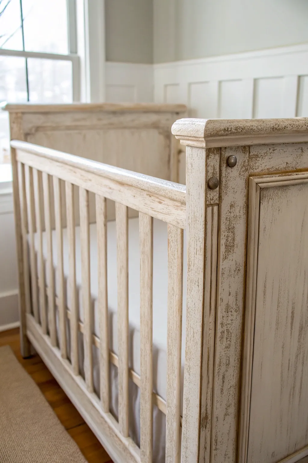 Chalky distressed crib close-up, softly sanded edges with cozy vintage boho textiles.