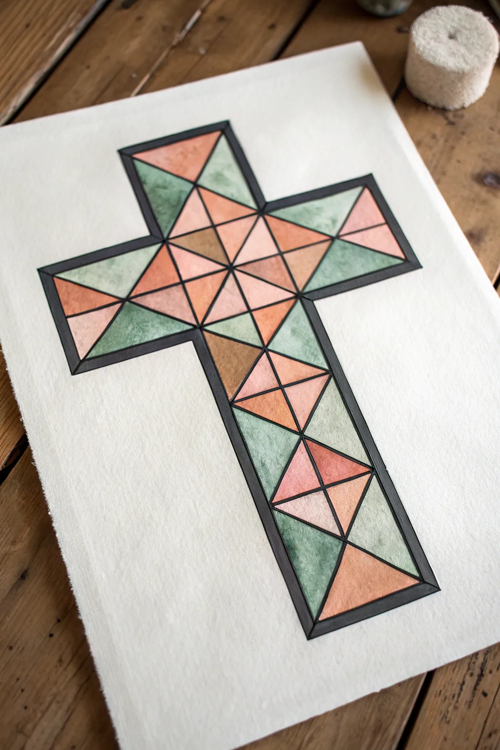 Stained-glass geometric cross with faceted panels, bold ink outlines, and muted boho tones.