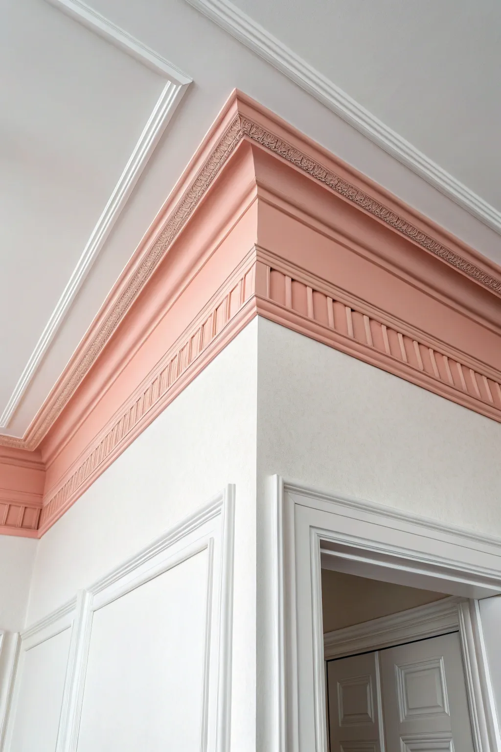 Dusty pastel crown molding adds a gentle pop while keeping a calm Scandinavian feel.