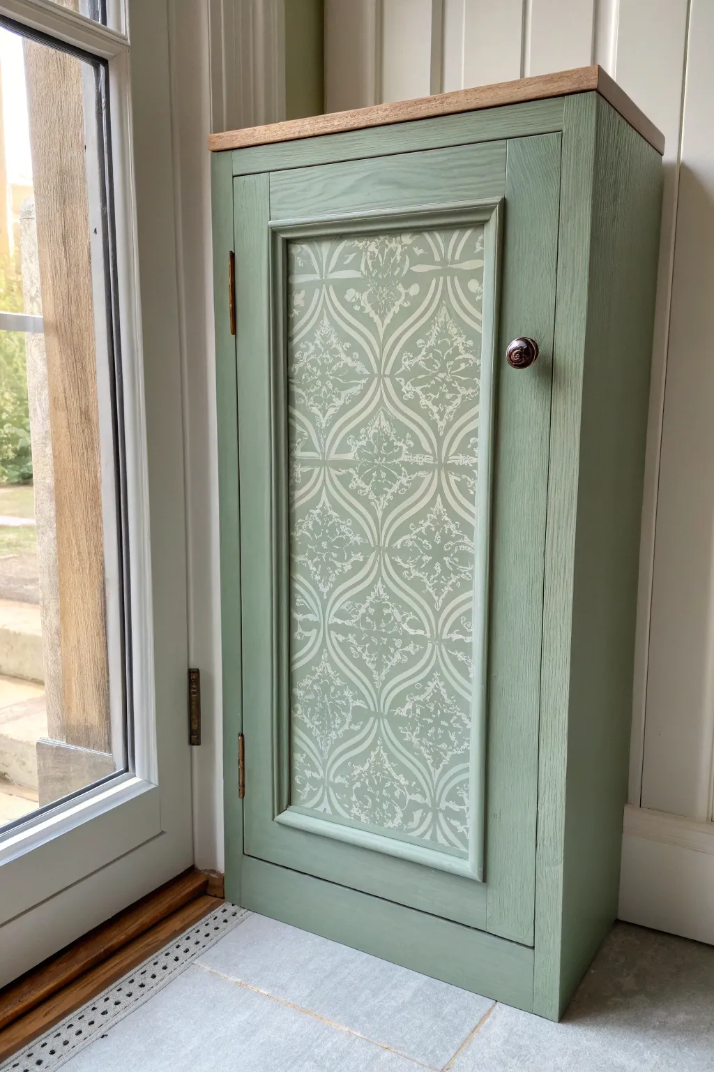 Tone-on-tone stenciled cupboard panel in soft Scandinavian hues for an elevated DIY look.