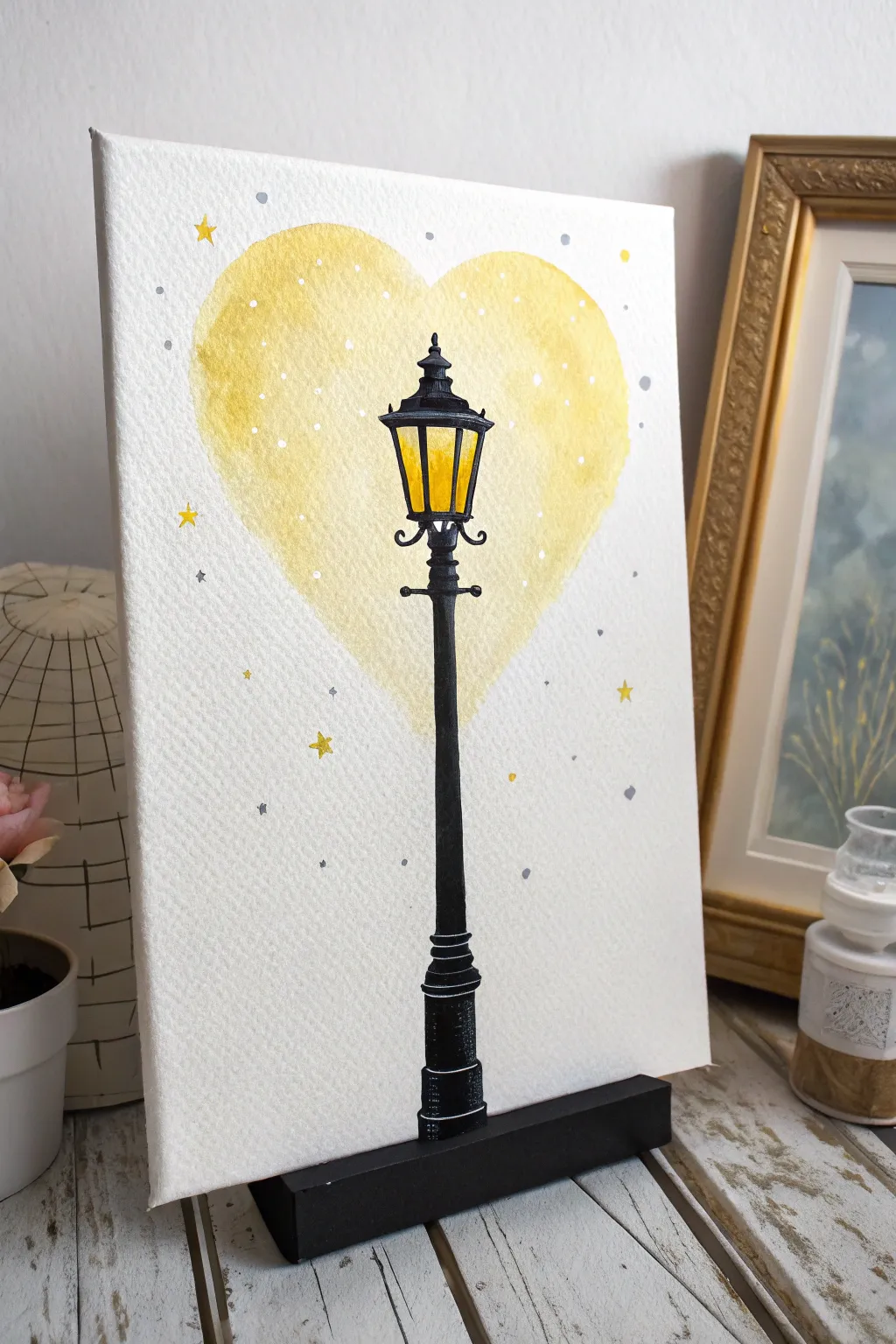 Minimal streetlamp silhouette with warm heart cloud glow and tiny stars, cozy Scandinavian boho vibe