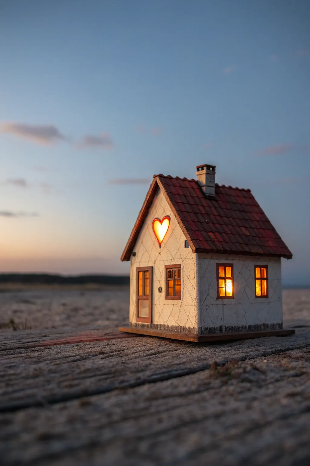 Paint a tiny wonky cottage with a warm heart window glow against a dusky minimalist sky.