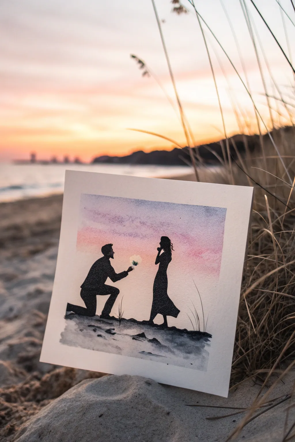 Minimal proposal silhouettes in a soft sunset glow, an easy and romantic couple painting idea