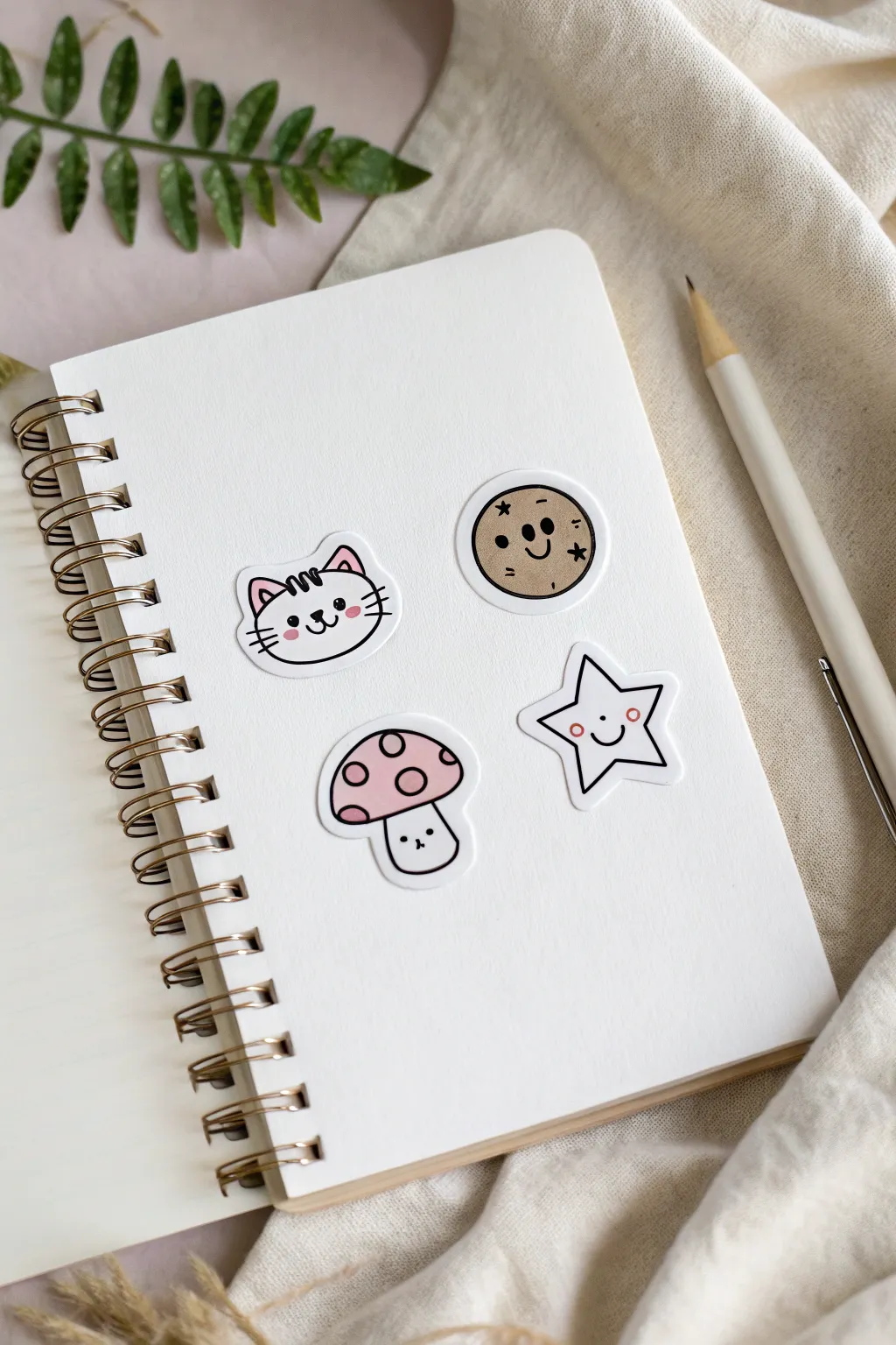 Sticker-style cute icons on a crisp sketchbook page, bold outlines and airy minimalist vibes