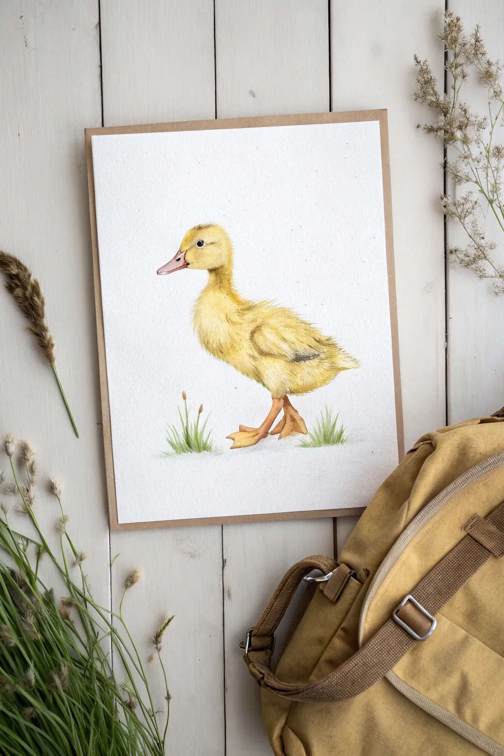 Adventure duckling with tiny backpack, minimal watercolor idea for cute duck paintings
