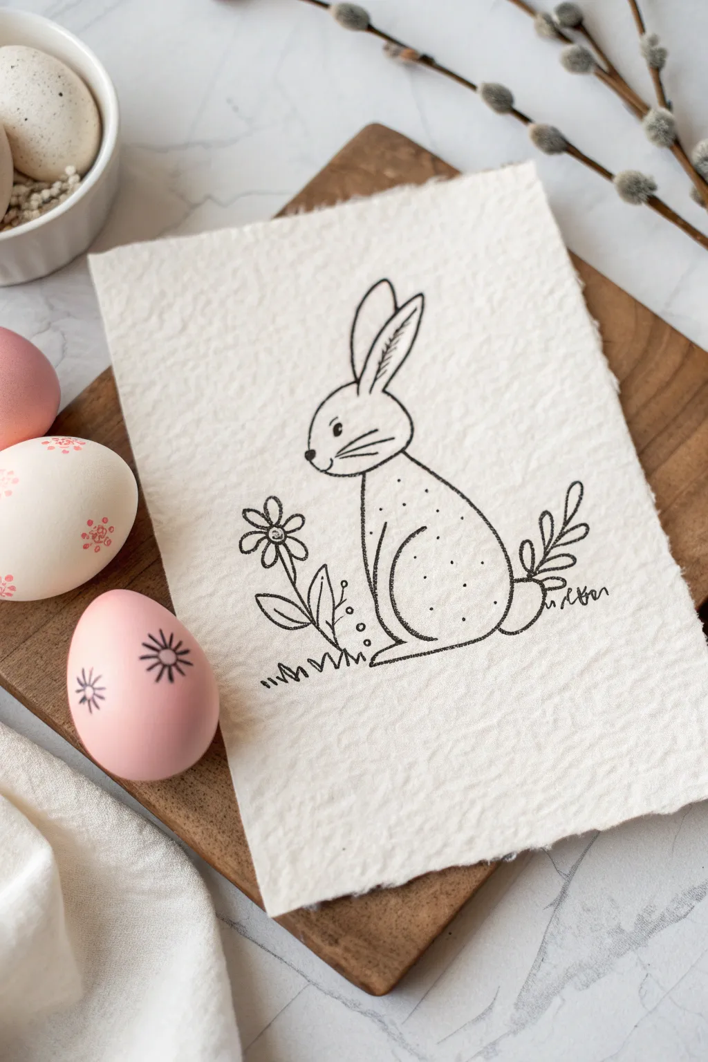 Minimal one-line bunny and egg with a soft pastel blush accent for airy Scandinavian Easter art