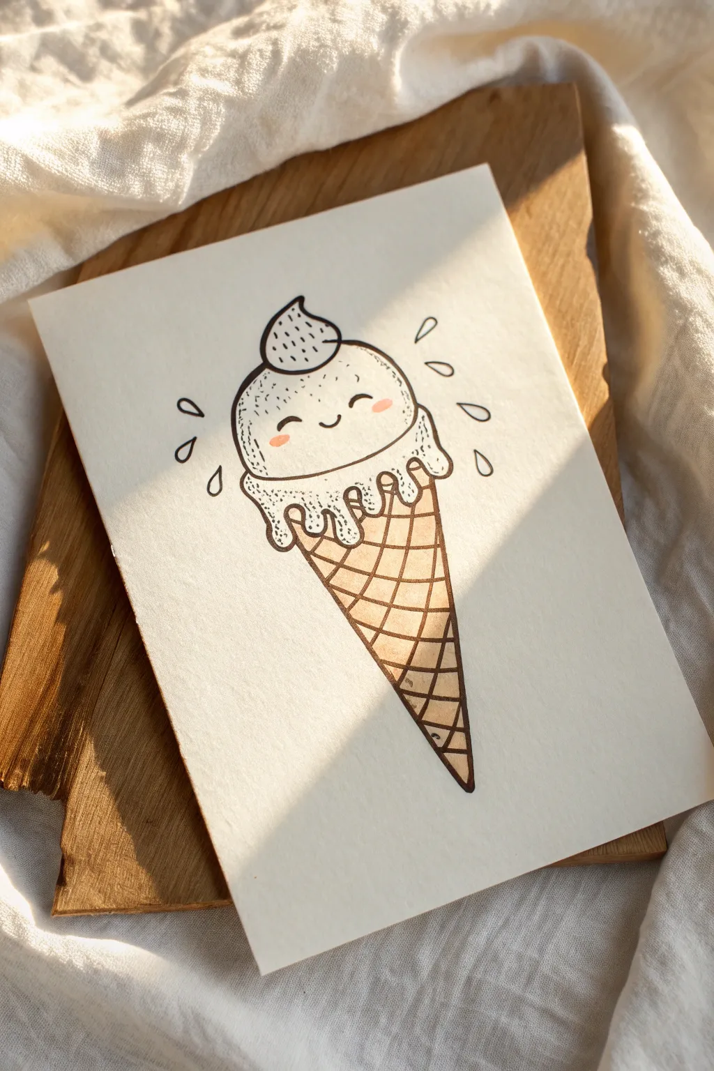 Minimal ice cream cone doodle with a tiny face and a sweet drip, clean and cute.