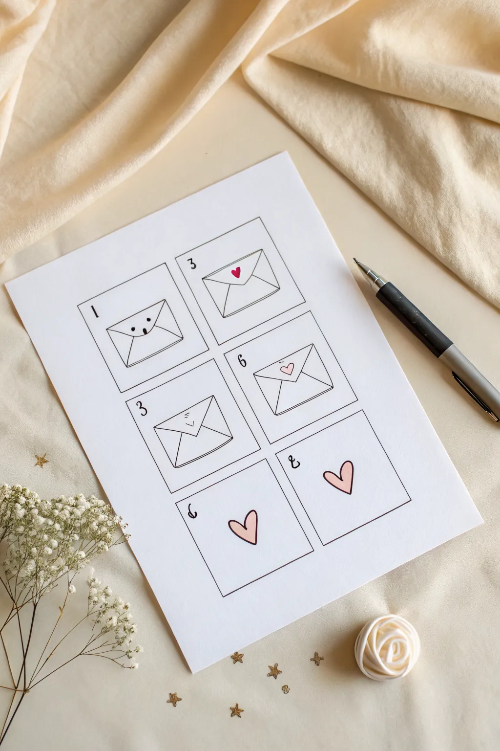 Heart envelope note doodle in 6 easy steps, minimalist kawaii lines with cozy Scandi vibes