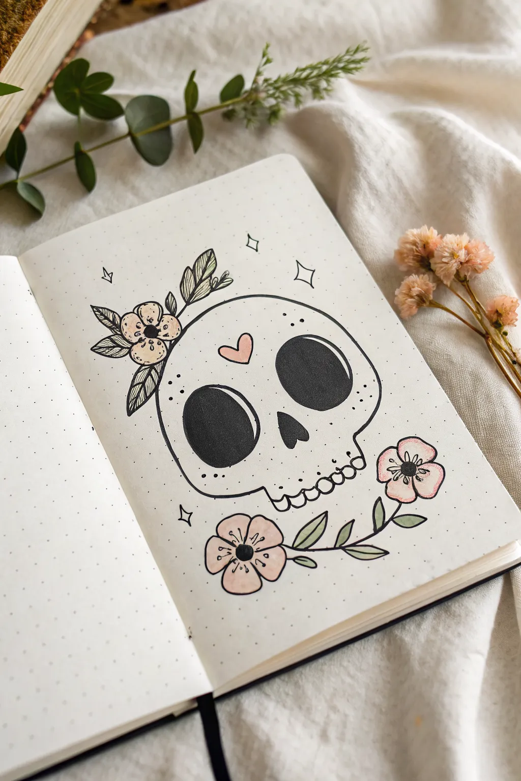 Sweet skull with simple flowers, a cute easy Halloween drawing in minimalist Scandi style