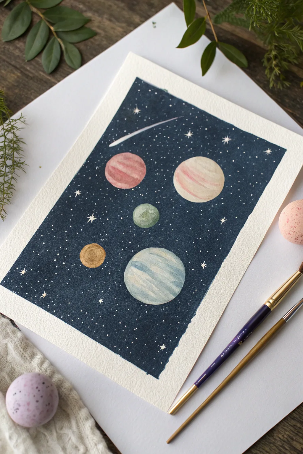 Speckled pastel planets on a deep navy night sky, a cute easy painting idea with minimalist charm
