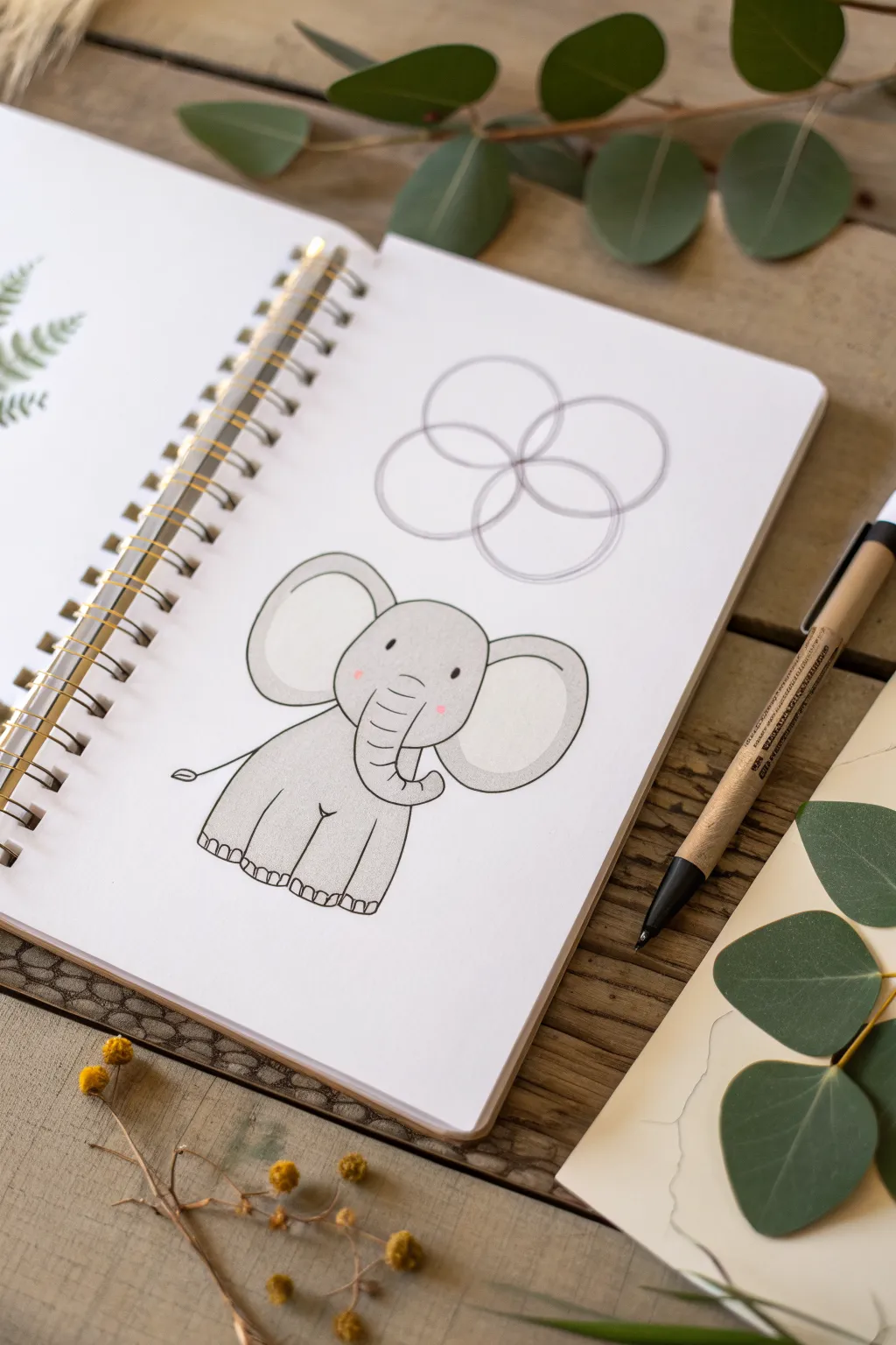 Learn to draw a cute elephant from simple circles and ovals with this clean step-by-step sketch.