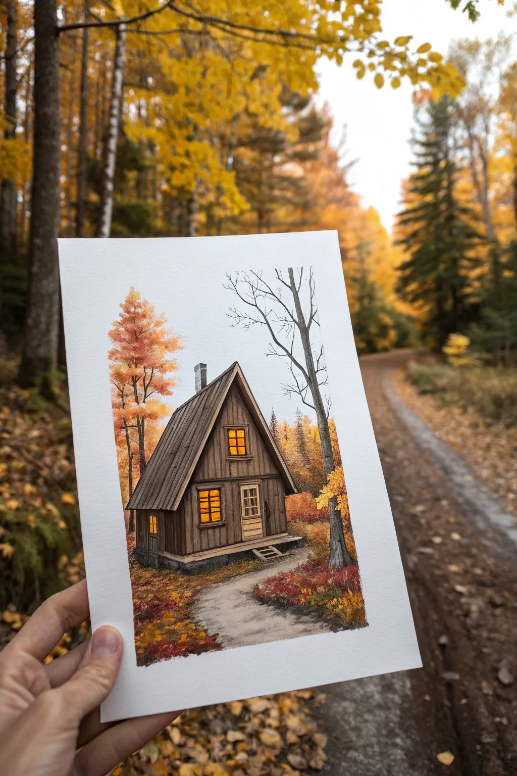 Paint a tiny glowing cabin nestled in bold autumn trees for the coziest fall scene