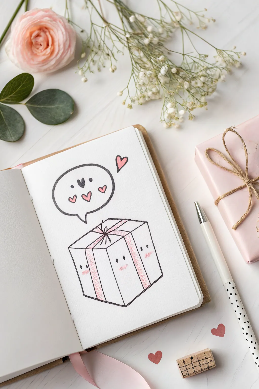 Kawaii gift box doodle with a tiny speech bubble and hearts, in soft Scandi-boho tones