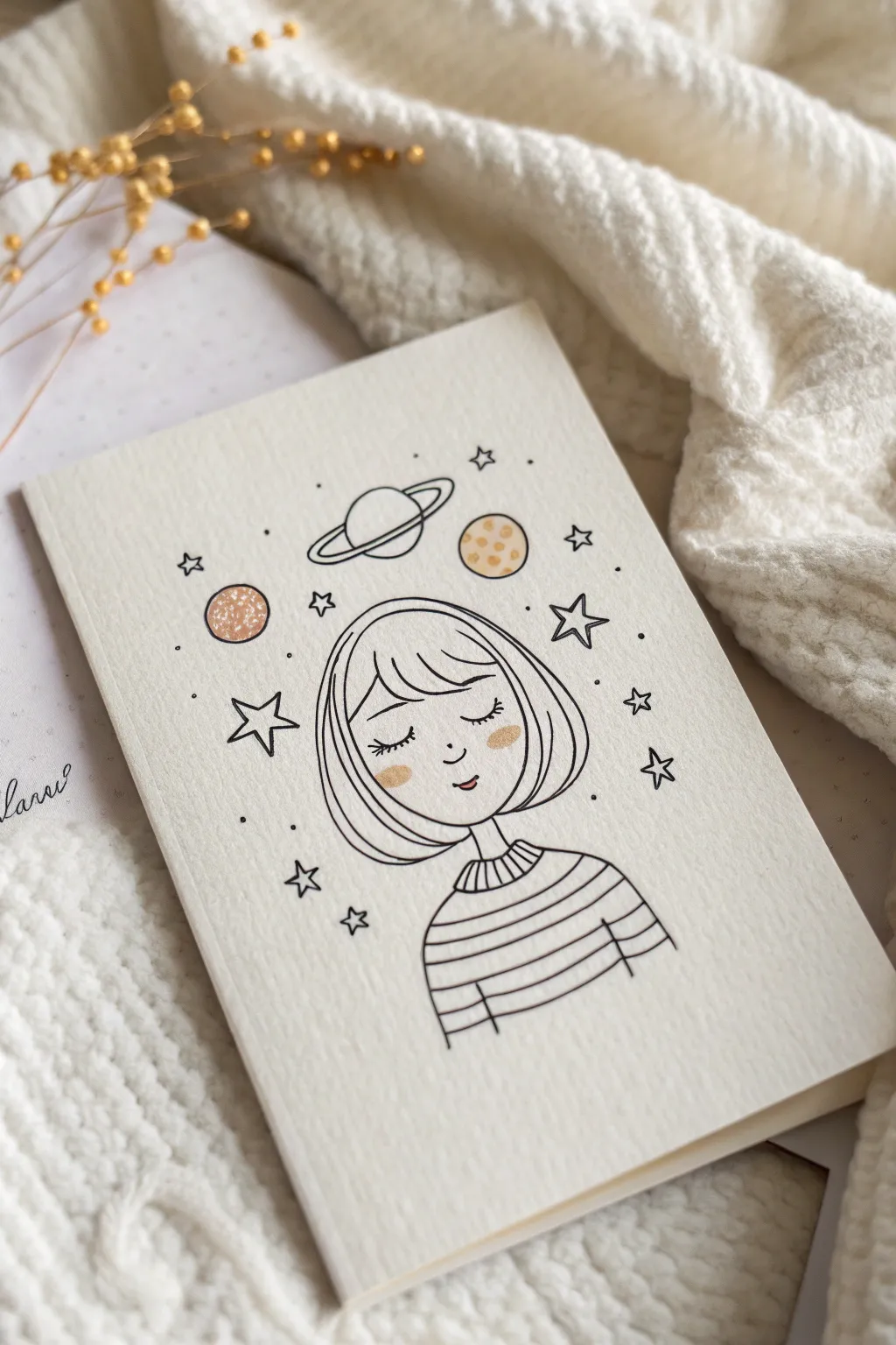 Minimalist boho girl with orbiting planets and floating stars, a cute hard drawing idea