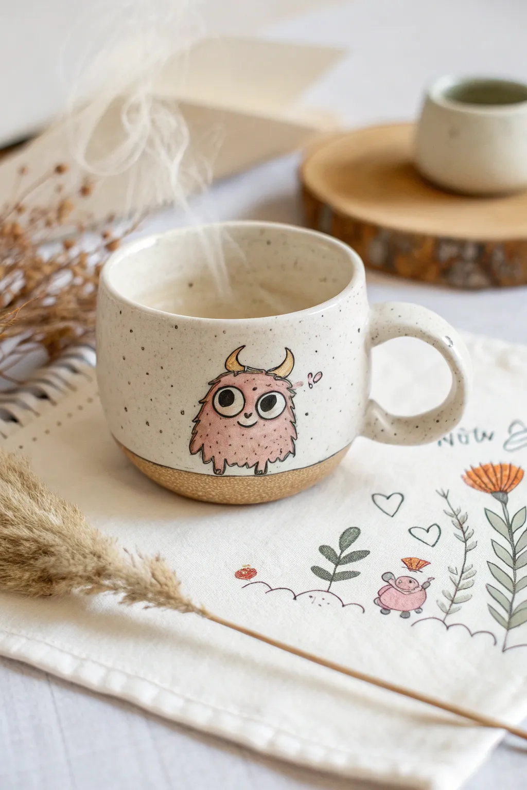 Cozy teacup surprise: a tiny monster peeks out with swirly steam and sweet charm.