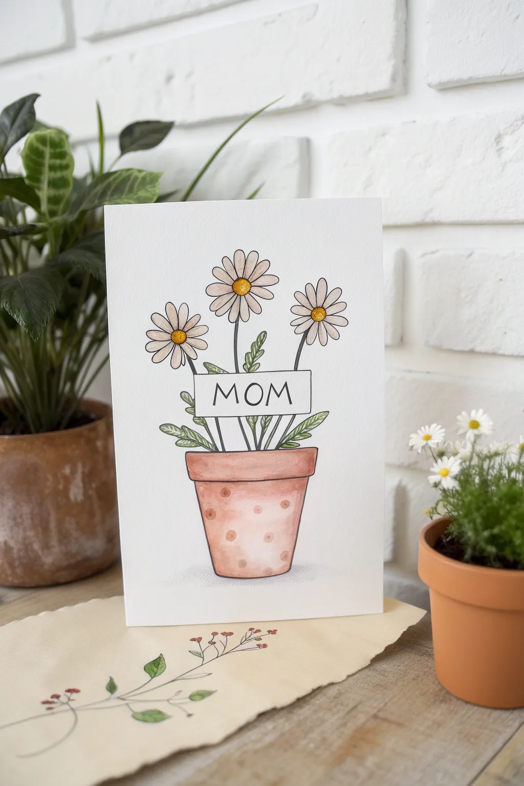 Easy Mothers Day art: a minimal Mom flower pot with smiley blooms in soft boho Scandinavian colors