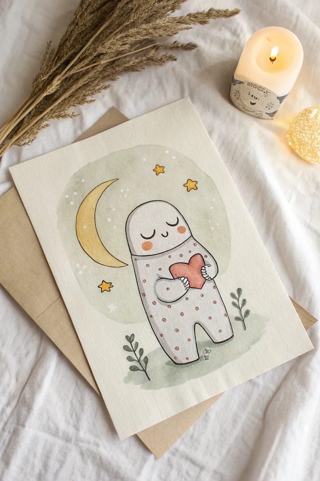 Sleepy pajama party ghost OC with blush cheeks, cozy pillow, and a warm minimalist night glow