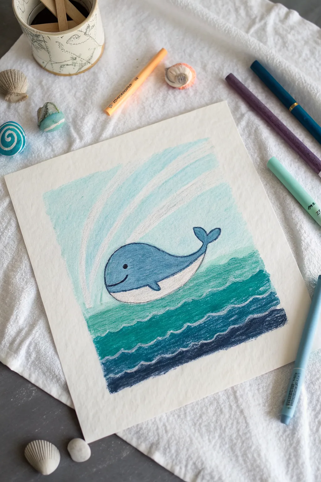 Easy cute whale oil pastel idea with soft gradient sea layers, perfect for beginner doodles