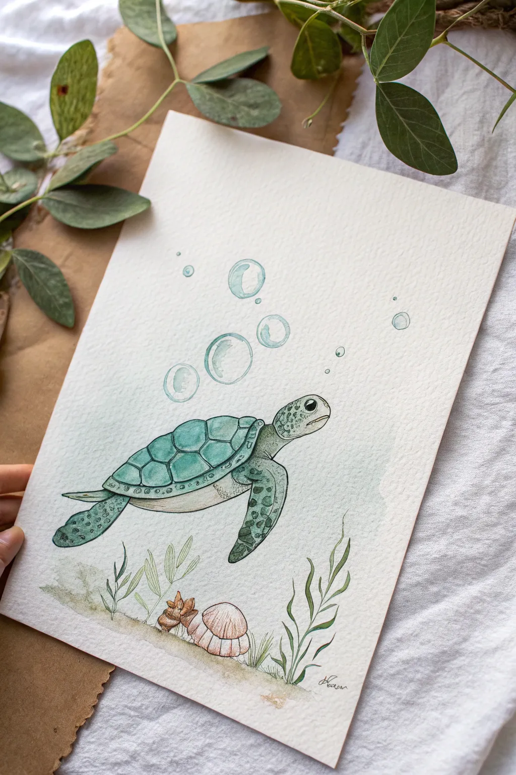 Cute turtle swimming upward with airy bubbles and a pale aqua wash, minimalist boho vibes.