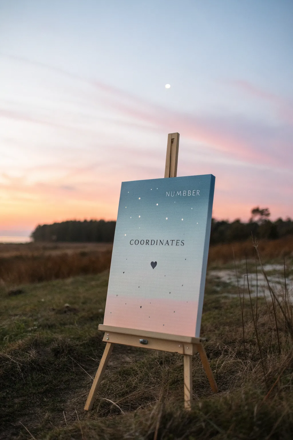 Dreamy gradient sky with coordinates and a special date, marked by a tiny heart where it began