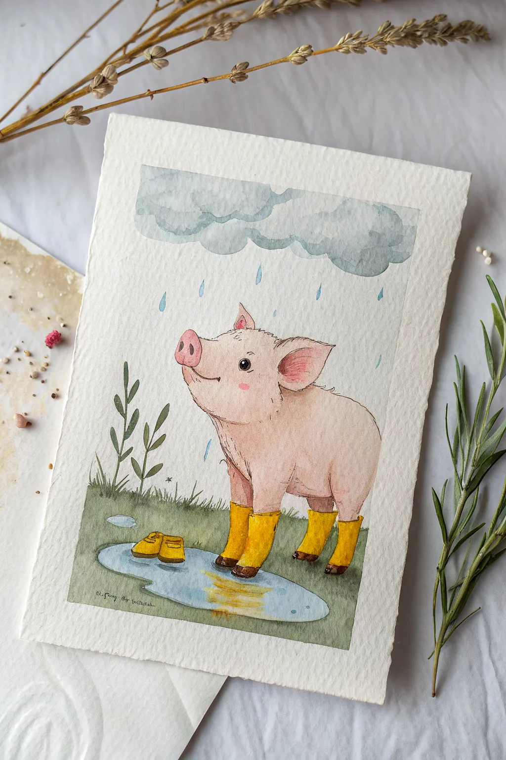 Sweet piglet in sunny rain boots, splashing in a tiny puddle, perfect minimalist boho vibe