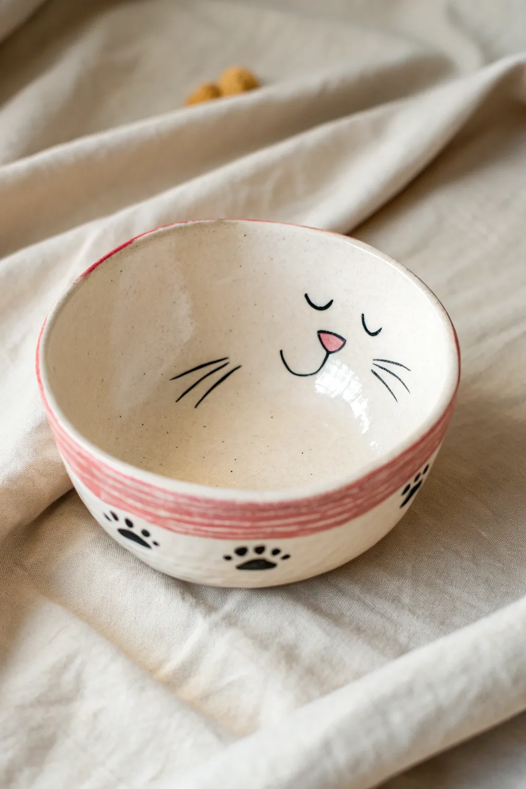 Cute cat face bowl with tiny whiskers outside and sweet paw prints hidden inside