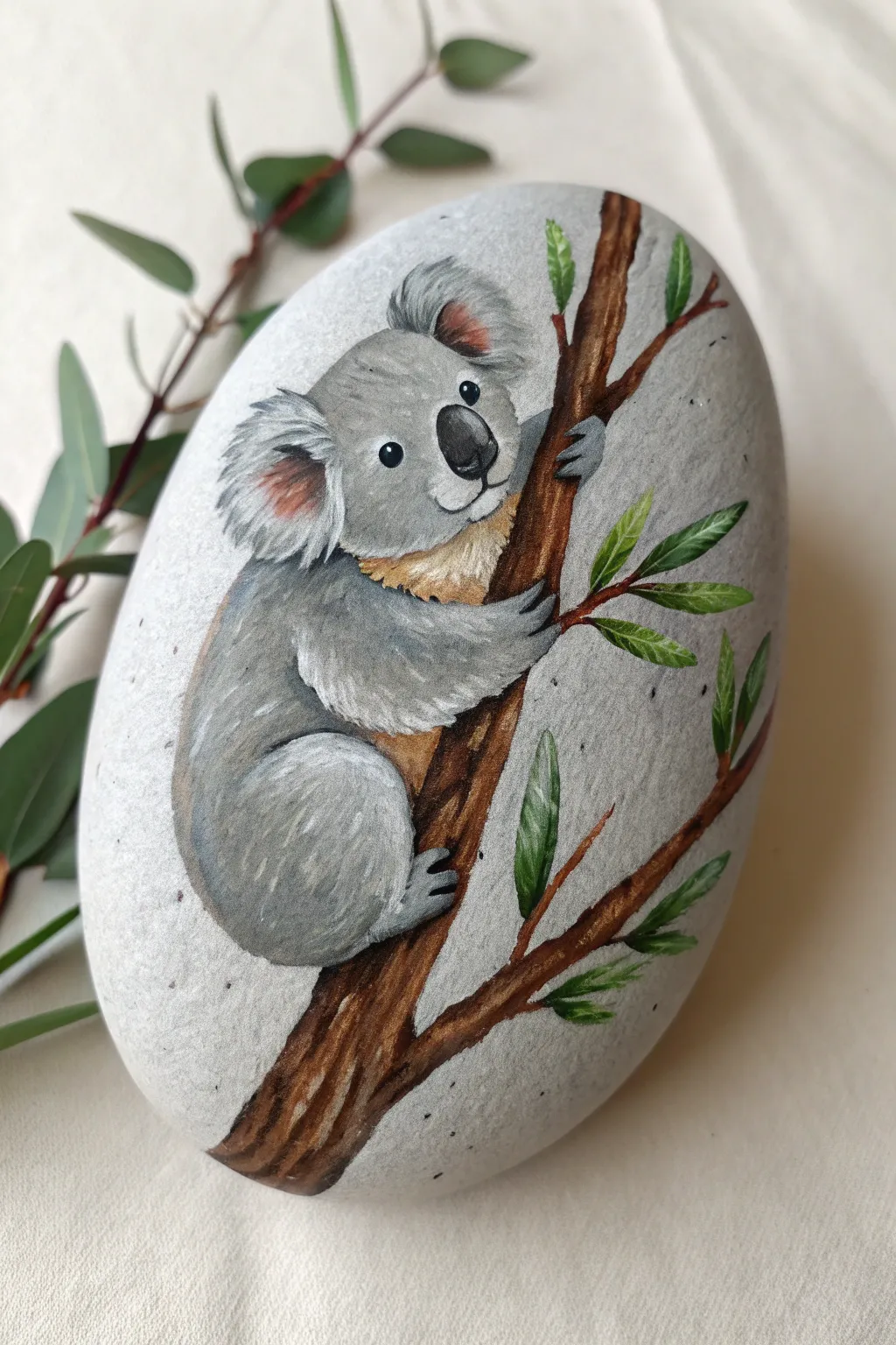 Minimalist koala rock hugging a branch, styled with natural twigs and soft Scandinavian tones
